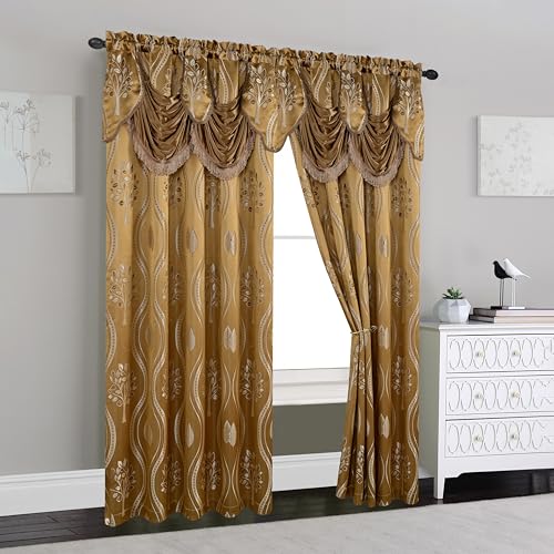 Image of Elegant Comfort Aurora Jacquard Look Curtain Panel Set with Attached Valance 54 inch X 84 inch (Set of 2), Taupe