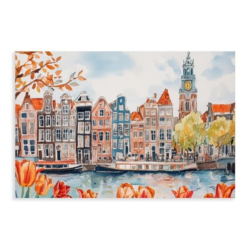 HKXAG Amsterdam Watercolor Poster Landscape Wall Art Amsterdam Wall Hanging Home Décor Gift Art Lovers Netherlands Canvas Poster Wall Art for Living Room Bedroom Decor Unframe 24x36inch