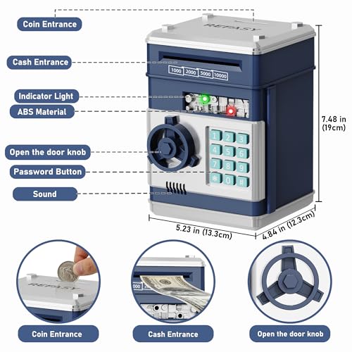 Image of Refasy Piggy Bank Cash Coin Can ATM Bank Electronic Coin Money Bank for Kids Age 3-12, Money Savings Box Mini ATM Coin Bank Toys Gifts for 3 4 5 6 7 8 9 10 11 12 Year Old Boys Girls