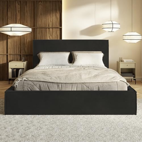 MOTIVENA Boho Bett 180x200 Schwarz Samt, mit Stauraum, mit Kopfteil, mit Lattenrost, ohne Füße, ohne Matratze, Polsterbett 180x200 mit Bettkasten Schwarz – Bild 4