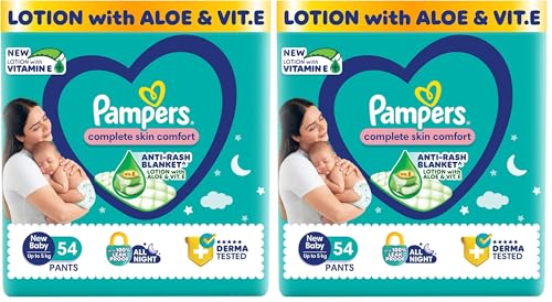 Image of Pampers Complete Skin Comfort Pants, Anti-rash blanket, Lotion with Vitamin E & Aloe Vera, New Born /X-Small (NB /XS), 54 Count, Upto 5kg (Pack of 2)