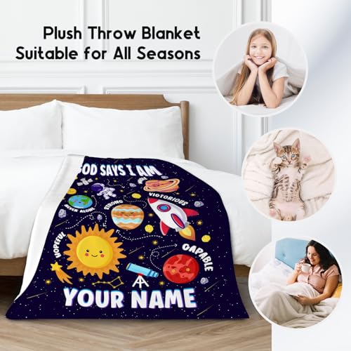 Custom Planet Blanket, Cozy Soft Throw Gifts for Boys, 40x50 Inch Cute Flannel Blanket for Planet Lovers, God Says I Am Throw Blankets for Couch Sofa