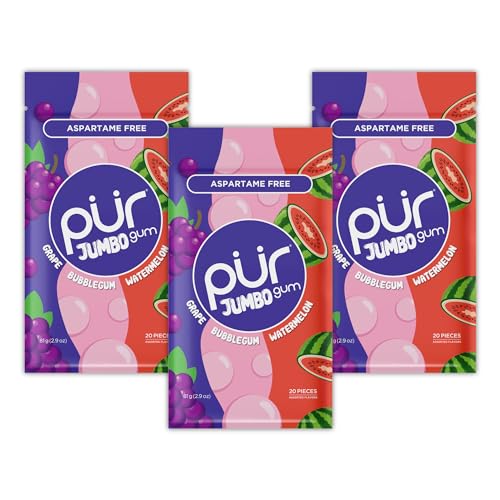 PUR Jumbo Gum | Goma de Mascar Sin Aspartamo | Con Xilitol | Sabor Natural Bubblegum, Grape, Watermelon, 20 Piezas (Paquete de 3)