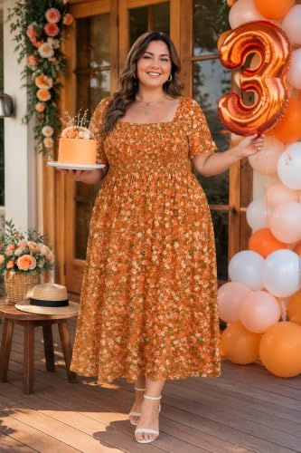 Image of RITERA Plus Size Dresses for Curvy Women Square Neck Short Sleeve Summer Floral Smocked Maxi Dress with Pocket XL-5XL
