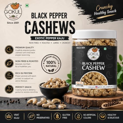 Image of GOKUL Black Pepper Cashews 250g | Exotic Pepper Vrat Kaju | Non-Fried Roasted Jumbo Cashew Nuts | Crunchy Healthy Snack | Rich in Protein