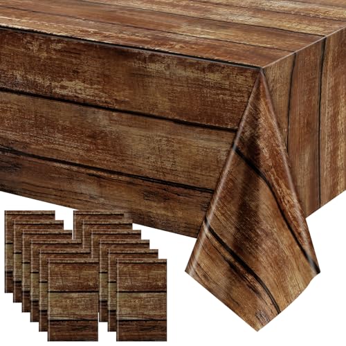 Image of Irenare 12 Pcs Brown Wood Grain Tablecloths Rustic Plastic Table Covers for Rectangle Table, Vintage Farmhouse Tablecloth Decorations for Western Barn Birthday Wedding (54 x 108 Inches)