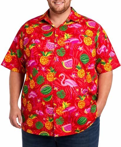 King Kameha Camisa Hawaiana Hombre de Manga Corta, Flamingo Melon, Rojo, 9XL