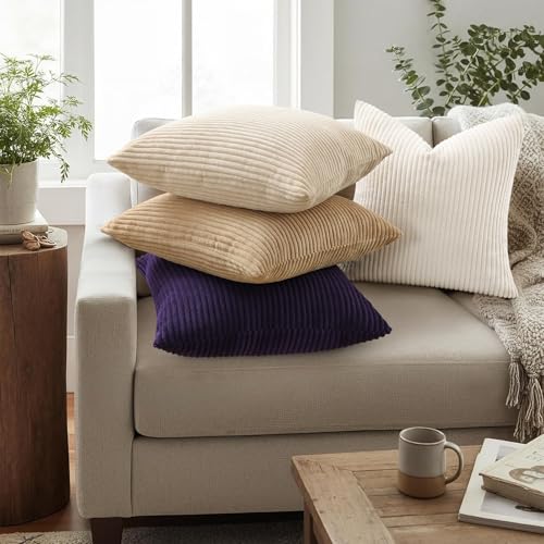 Image of Mecatny Corduroy Decorative Throw Pillow Covers 24x24 Set of 2 for Sofa Living Room, Soft Neutral Boho Couch Pillow Covers for Home Decor, Dusty Purple