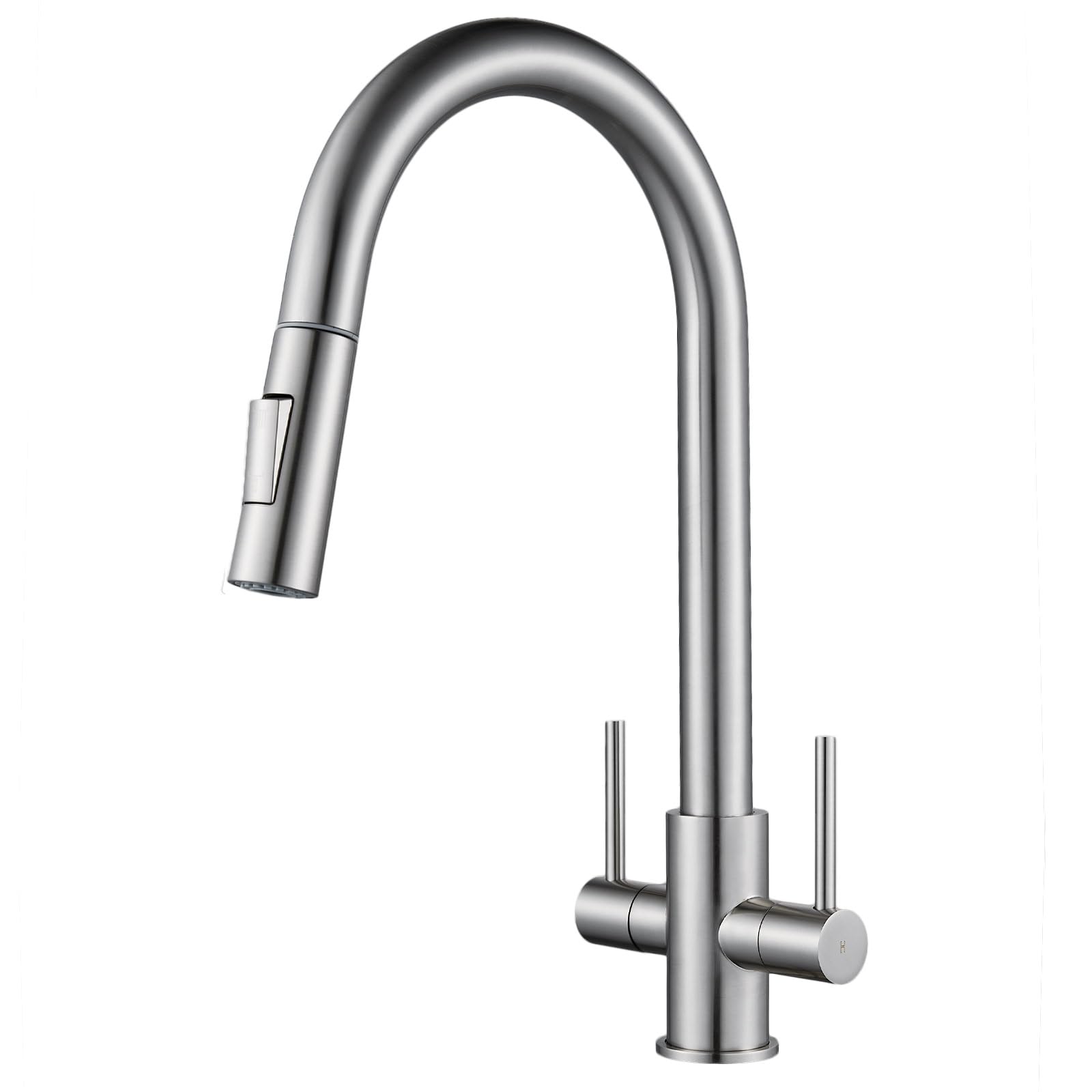 Kitchen Tap with Pull Out Sprayer Brushed Nickel Dual Lever Kitchen Sink Mixer Tap Swan Neck One Hole Monobloc Faucet — image 1