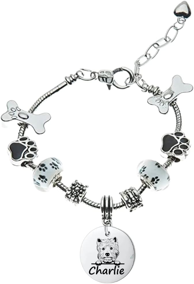 Westie Dog Gifts, Personalized Westie Beaded Charm Bracelet, Custom Engraved Dog Jewelry, Memorial Keepsake for Dog Mom, Dog Lover Gift