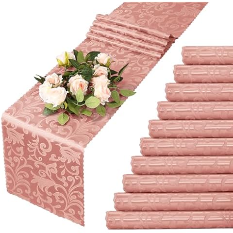 MILVOWOC 12 Pack Rose Gold Satin Table Runner, 12 x 72 Inch Jacquard Damask Table Runner Rectangle Bright Silky Decorative Table Runner for Party Banquet Birthday Dinner Wedding Table Decor Cover