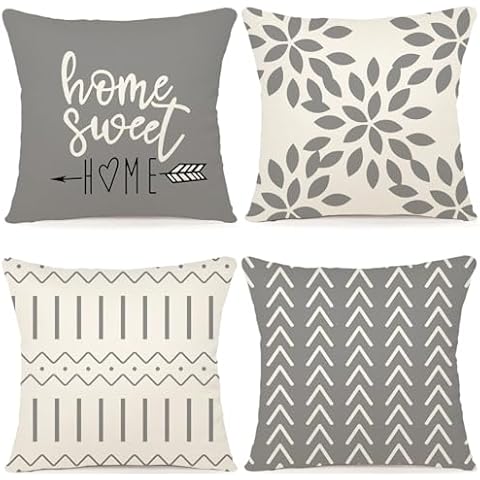 YCOLL Pillow Covers 18x18 Set of 4，Modern Sofa Throw Pillow Cover, Decorative Home Outdoor Linen Fabric Geometric Pillow Case for Couch Bed Car，Gray Cover
