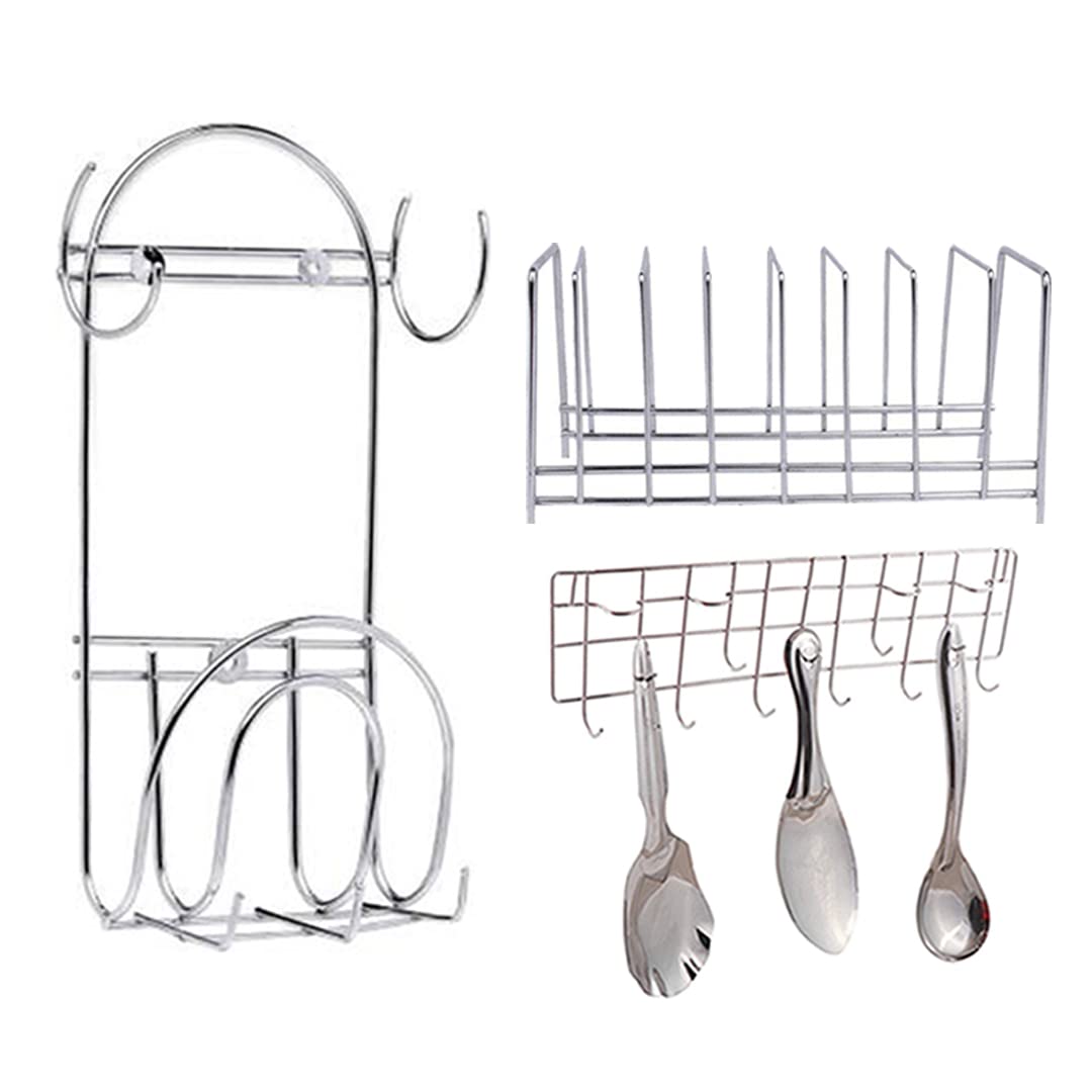 JISUN Stainless Steel Plate Stand/Dish Rack Steel & Chakla Belan Stand & Hook Rail for Kitchen