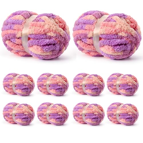 Image of 10 Pack Jumbo Chunky Yarn for Hand Knitting, Fluffy Variegated Chunky Chenille Yarn for Crocheting, 240yds /70.5oz Super Bulky Soft Crochet Baby Blanket Yarn(Pinkish Purple)