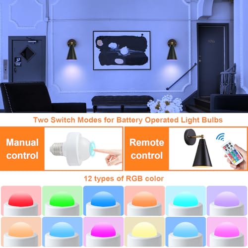 Image of MWZ Black Rechargeable Wall Sconce Set of 2,Wireless Battery Operated Sconces Lighting with Remote Control, Modern Dimmable 12 RGB Color Temperatures Adjustable Angle Lamp with Cone Metal Shade