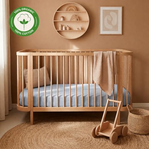 Image of Crib Sheets - Organic Cotton Muslin Fitted Crib Sheet - Standard Size for Baby Boy 28 inch x 52 inch Ultra-Soft and Breathable (Baby Blue)