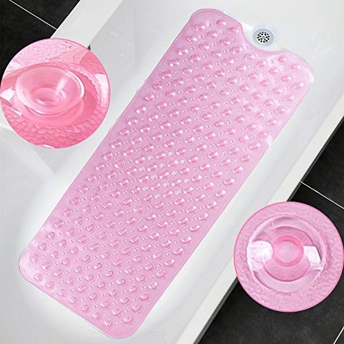 HmiL-U - Tapis de bain et douche 30 % plus long, tapis antidérapant avec 200 ventouses, 40,5 x 101 cm (rose transparent) Cover