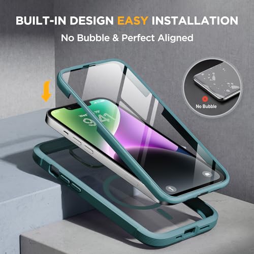 Image of Miracase Magnetic for iPhone 14 Case 6.1'', [Bubble Free] Full-Body Bumper Phone case with Built-in Full Glass Screen &Lens Protector,No Gap,Compatible with MagSafe,Drop Proof 14 Cover,Green