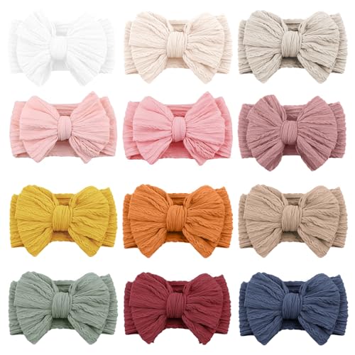 Image of LALAURA 12pcs Baby Girl Bows Stretchy Soft Nylon Headbands Elastic Hair Bands with Bows For Newborn Baby Girls Infant Toddlers Kids