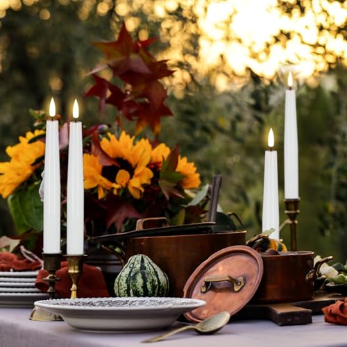 Image of Flameless Taper Candles, Real Wax Flickering Taper Candles Battery Operated with 6H Timer, 4 Pcs White LED Flameless Candlesticks for Halloween Christmas Holiday Wedding Decor