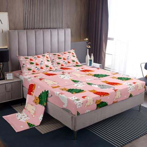 Homemissing Juego de sábanas de Navidad de color rosa, tamaño individual, sábana bajera ajustable con bolsillo profundo, juego de cama suave, 3 piezas con 1 funda de almohada