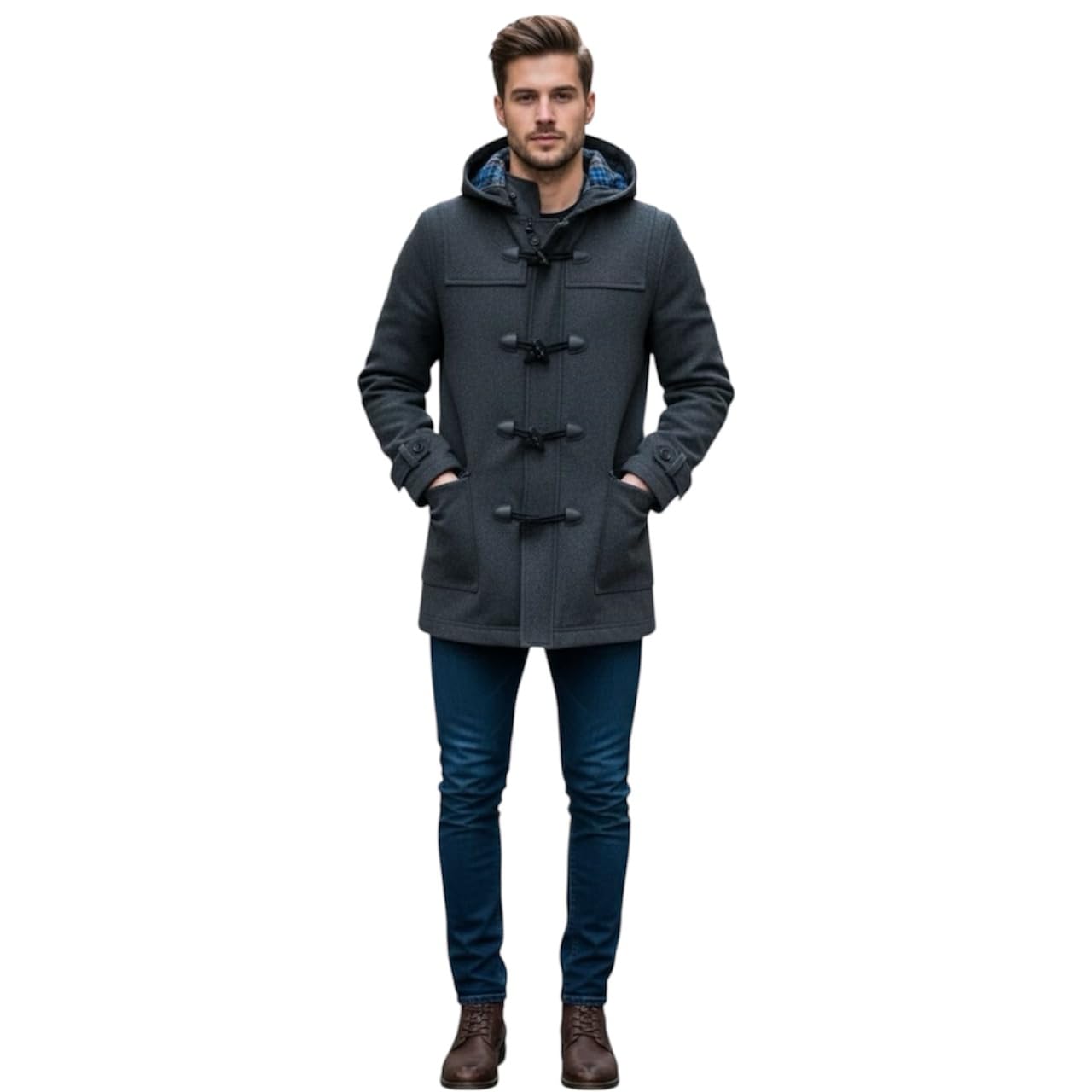 Buy Men's Charcoal Grey Hooded Duffle Coat XXL Wool Blend Winter