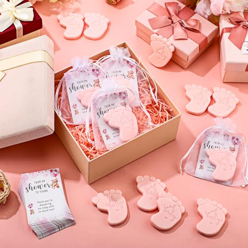 Image of 50 Sets Baby Shower Soap Favors for Guests - Mini Handmade Footprint Scented Soap with Thank You Cards and Organza Bag, Party Gifts for Gender Reveal Baptism(Bear,Pink)