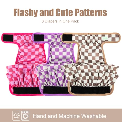 Image of wegreeco Dog Diapers Female (3 Pack), Highly Absorbent Puppy Doggie Dog Diapers for Female Dogs Period, Washable Doggy for in Heat, Small Medium Large Size (Checkerboard Red, Purple,Coffee, Large)