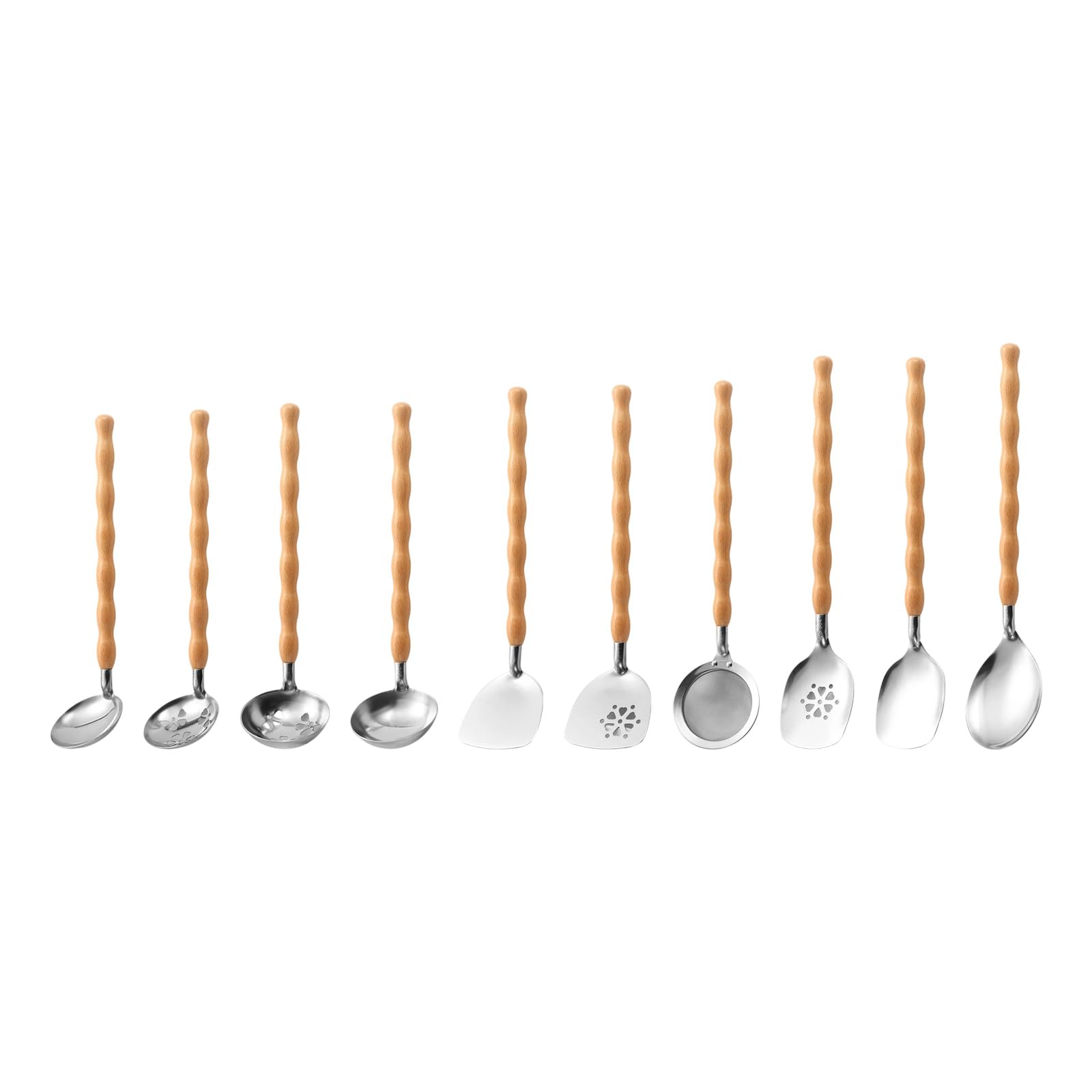 10-teiliges rostbeständiges Edelstahl Küchenwerkzeug Set, Naturholzgriff, Kochutensilien für sicheres, gesundes Kochen, ergonomisches Utensilien Set