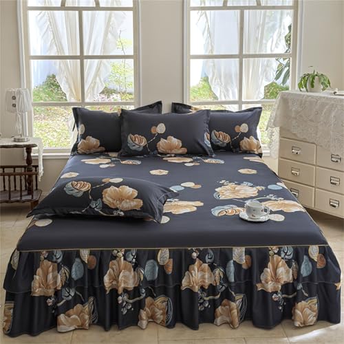 Surwin Sabana Bajera con Volantes, Falda de Cama Suave 45 cm de Alto, Estilo Retro Sabanas Bajeras Decoración, Falda de Cama Prueba De Polvo para Single Queen King (Negro,150x200cm)