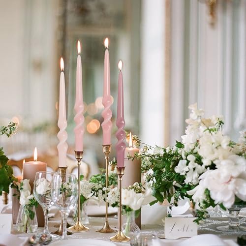 Image of Gradient Pink Smokeless Candles Handmade Twisted Taper Candle 9.5 Inch Unscented Spiral Candlesticks for Dinner Holiday Wedding Home Decor 4 PCS