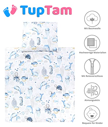TupTam Unisex Baby Wiegenset 4-teilig Bettwäsche-Set: Bettdecke und Kopfkissen mit Bezug, Farbe: Meerestiere Blau, Größe: 80x80 cm