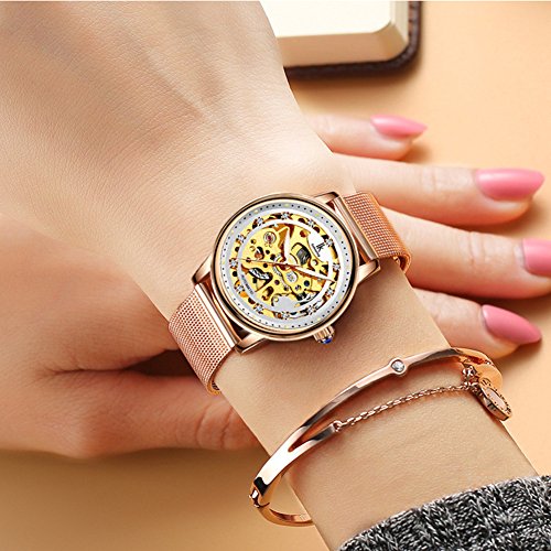 Image of Gosasa Luxury Women Automatic Mechanical Watch Gold Stainless Steel Mesh Watch Band Dress Wrist Watch