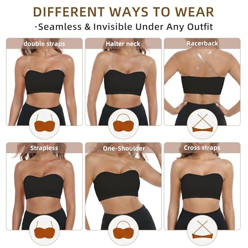 Image of Zimcti Strapless Bras for Women-Non Slip Silicone Grip Bandeau, Wirefree Seamless Tube Top, Removable Pads, Clear Strap