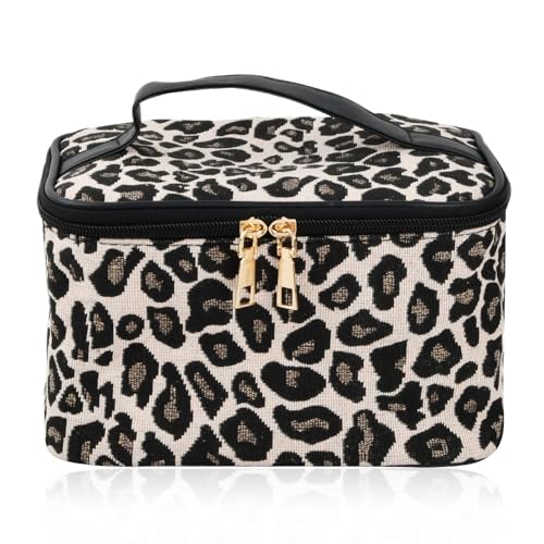 Beauty Case da Viaggio Pochette Donna con Cerniera, Borsa Cosmetica Leopardo, Portatile Pochette Trucchi Valigetta, Borsa Porta Trucchi da Toilette Makeup Bag Organizer, 21x14x12 cm
