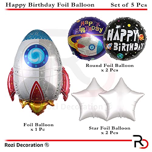 Image of Rozi Decoration Space Rocket Theme Happy Birthday Foil Balloon Set of 5 Piece for Kids Baby Boy Birthday Party
