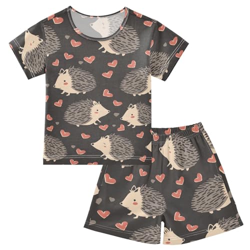 ALAZA Hedgehog Red Love Heart Pajamas Short Sleeve 2 Piece Sleepwear Top and Bottom Pajama Set Unisex