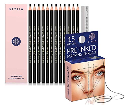 Bundle of 15 Meters Pre-Inked Eyebrow Mapping String and Microblading Supplies 12 Piece Black Waterproof Eyebrow Pencil Set, Brow Mapping Tool