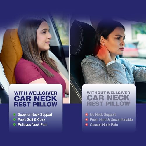 Image of WELLGIVER Orthopedic Memory Foam Car Neck Rest Pillow - Cervical Support Cushion for Neck Pain Relief, Adjustable Strap - Universal Fit for All Cars | TAN Velvet