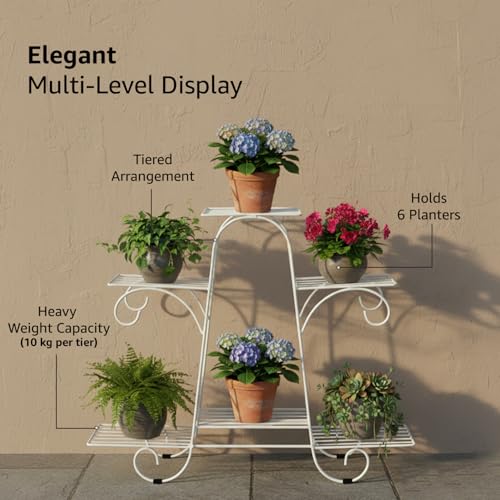 Image of Amazon Basics Metal Planter Stand for Living Room, Indoor Outdoor Plant Stand for Balcony and Home Decor, Holds 6 Planters, White