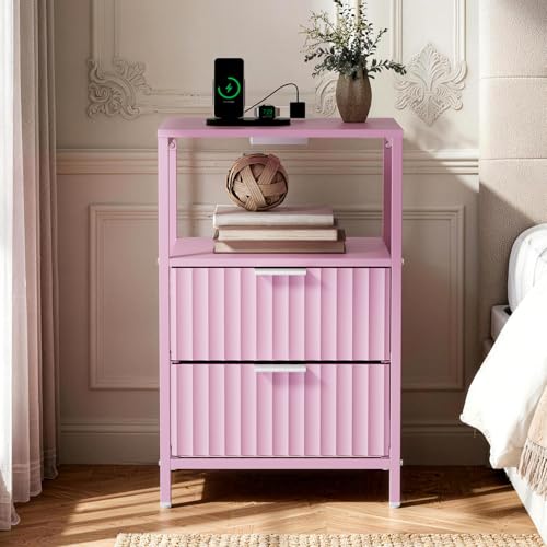 Image of Bonnlo Fluted Nightstand Set of 2, Fabric Dresser with 2 Drawers and 1 Shelf, Bedside Table /End Table with Charging Station, Nightstand for Bedroom, Livingroom, College Dorm, Pink
