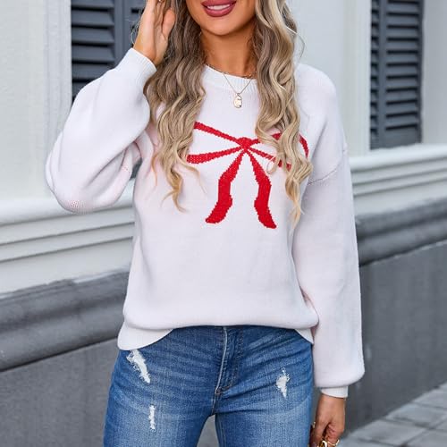 Image of Women Y2K Fall Sweater Cute Bow Print Long Sleeve Cable Knit Pullover Casual Oversized Jumpers for Women