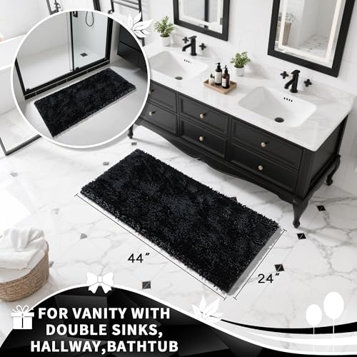 Image of Yimobra Long Bathroom Rug Non Slip 44x24 Inch, Extra Thick Soft Absorbent Chenille Bath Mat, Machine Washable Quick Dry Bath Rugs for Bathroom Floor, Tub and Shower, Home Decor Accessories, Black