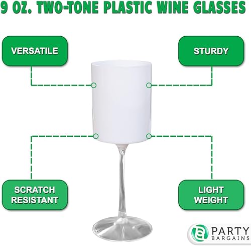 Miniatura 4 de PARTY BARGAINS Copas de vino de plástico irrompibles de dos tonos, color blanco y transparente, paquete de 5, copas de plástico resistentes,