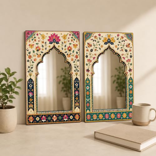 Image of American Elm Pack of 2 Jharokha Mirror Wall Decor for Home Decor Living Room and Entryway Mughal Floral Arch Acrylic Mirror Wall Hanging Ready to Hang