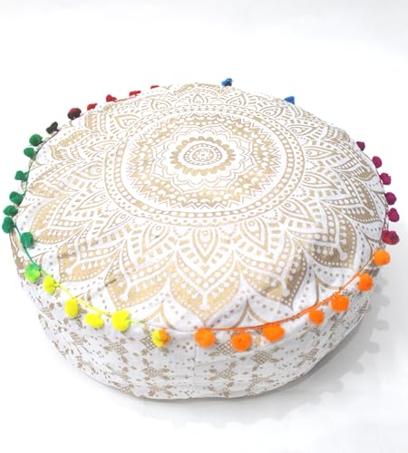 CRAFT KALA Funda de cojín otomana redonda grande de 24 pulgadas con diseño de mandala hippie para meditación, puf, puf cuadrado, bohemio, círculo, funda de cojín para suelo, chimenea, yoga, sala de