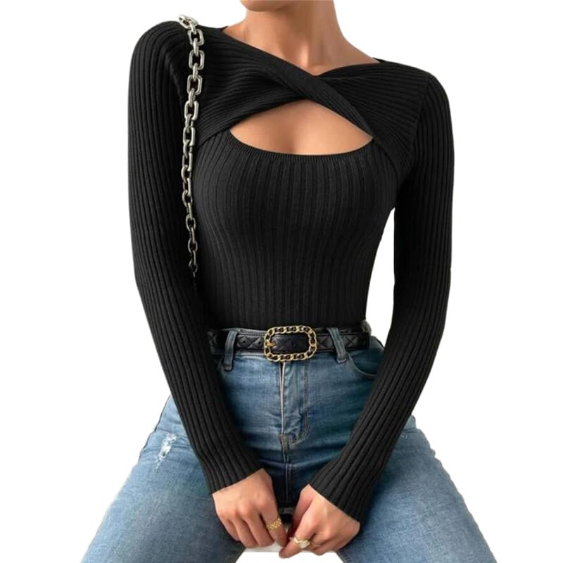 Ribbed Sweaters for Women Cut Out Tops for Women Long Sleeve Fitted Pullover for Women Trendy Sweaters Twist