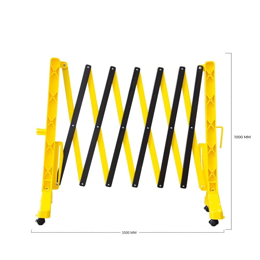 Barriera di sicurezza pieghevole gialla - 350 cm | Barricata espandibile in plastica per la sicurezza dei pedoni | Recinzione mobile portatile con 4 ruote