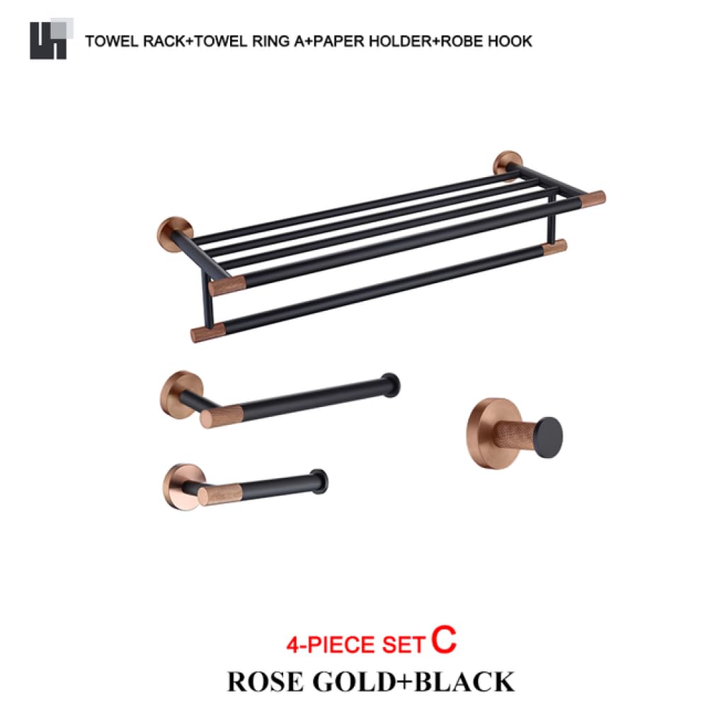 Moderno set di accessori da bagno in acciaio inox oro rosa e nero opaco, con porta asciugamani, porta rotolo di carta igienica e porta scopino, set da 4 pezzi per un elegante arredamento da bagno.