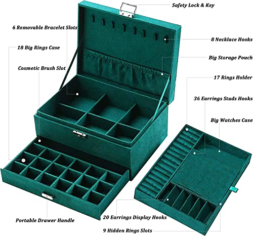 Image of Velvet Three Layer New Vintage Flannel Jewelry Box Earrings Earrings Rings Necklace Bracelets Jewelry Organiser Storage Case With Drawer For Girls Women Dark Green (AB-04)